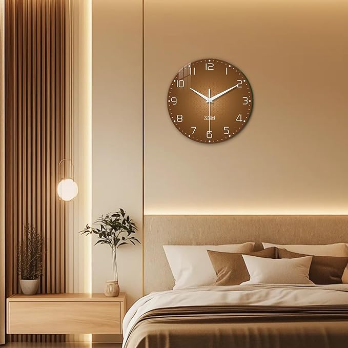 XNM Kitchen Wall Clocks Battery Operated 14 Inch Round Brown Simple Wall Clock Modern Glass Minimalist Wall Clock Silent