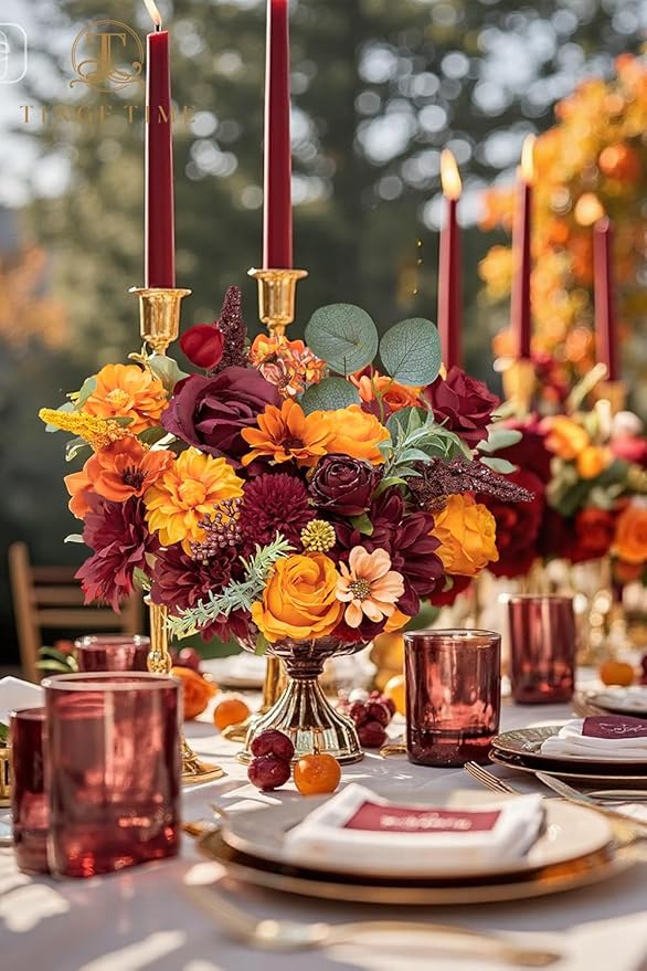 TINGE TIME Silk Fake Flowers Combo, Fake Foam Dahlia with Stems for DIY Wedding Bouquets Centerpieces Baby Shower Party Home Decorations(Burgundy & Burnt Orange)