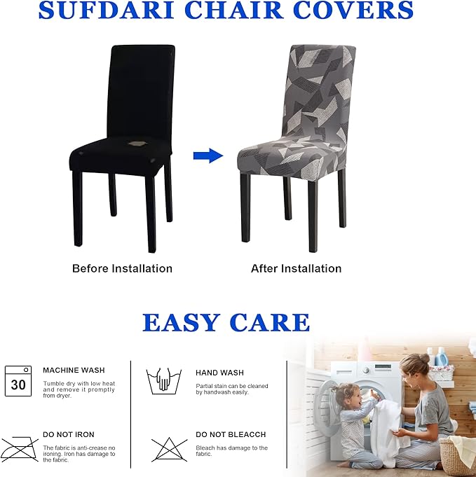 Sufdari Dining Chair Covers,Kitchen Chair Cover,Parsons Chair Slipcover,Spandex Chair Protectors for Dining Room Stretch Chairs Cover Set of 4 -Grey Triangle