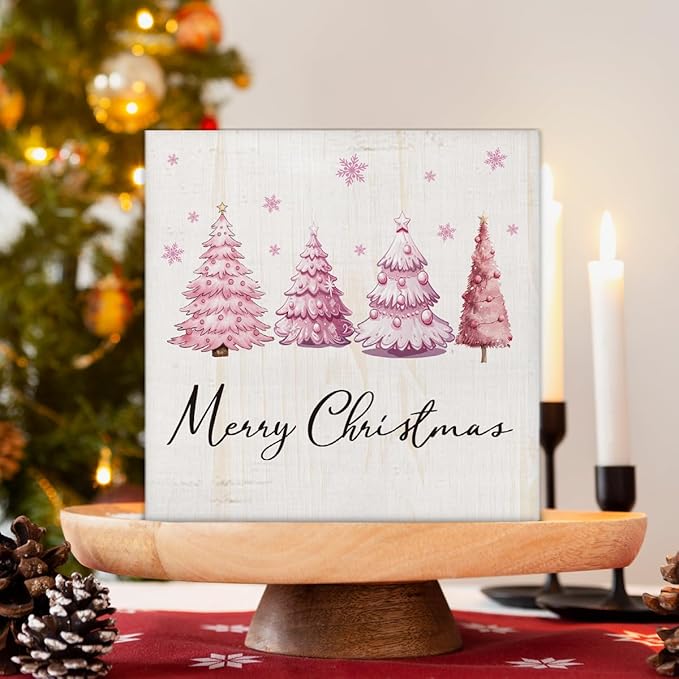 Merry Christmas Decorations - Pink Christmas Tree Wooden Sign, Cute Holiday Room Decor for Desk Table Shelf 5 X 5 Inches