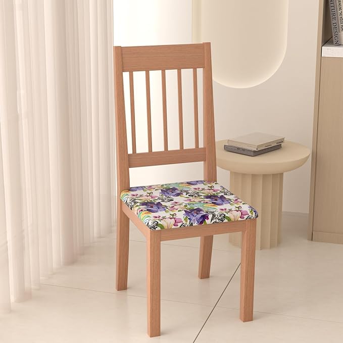 Stretch Dining Chair Seat Covers Set of 2,Dining Chair Slipcovers, Floral Printed Chair Covers,Soft Fabric Washable Upholstered Chair Seat Protector, No Rear Covers for Home Kitchen Dining Room