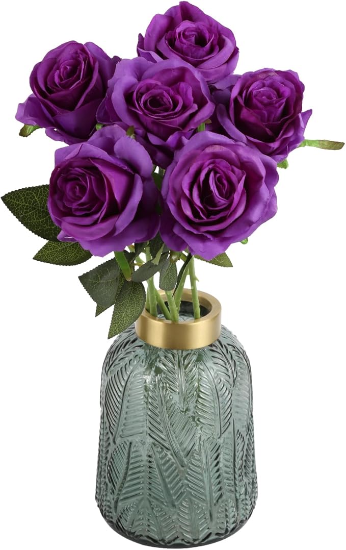 IPOPU 6PCS Purple Silk Lop-Sided Rose Artificial Flower with Long Stem Fake Leaf Roses, Artificial Long Stem Fake Roses Suitable for DIY Wedding, Home Decoration and Outdoor Party.
