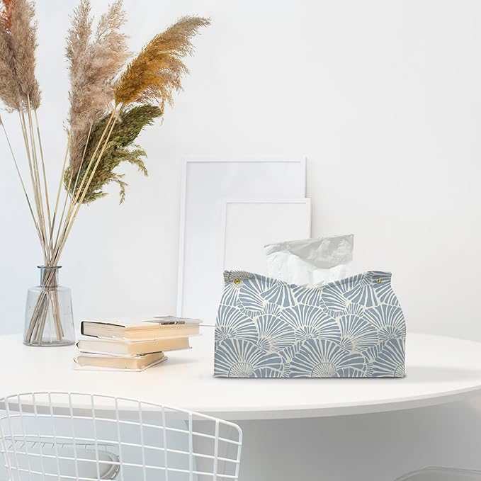 Light Blue Shell Leather Tissue Box Cover Rectangle,Coastal Toilet Paper Box Holder,Beach House Decor Facial Paper Case for use Living Room Bathroom Kitchen Office Desk,9.8x5.9x5.9In