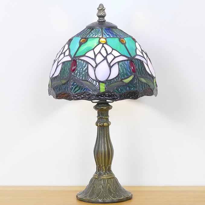 Small Tiffany Lamp Stained Glass Table Lamp Mini Accent Lamp Handmade Desk Memory Lamp Sympathy Bedside Night Light 8X14 Inch (Tulip Flower Style)
