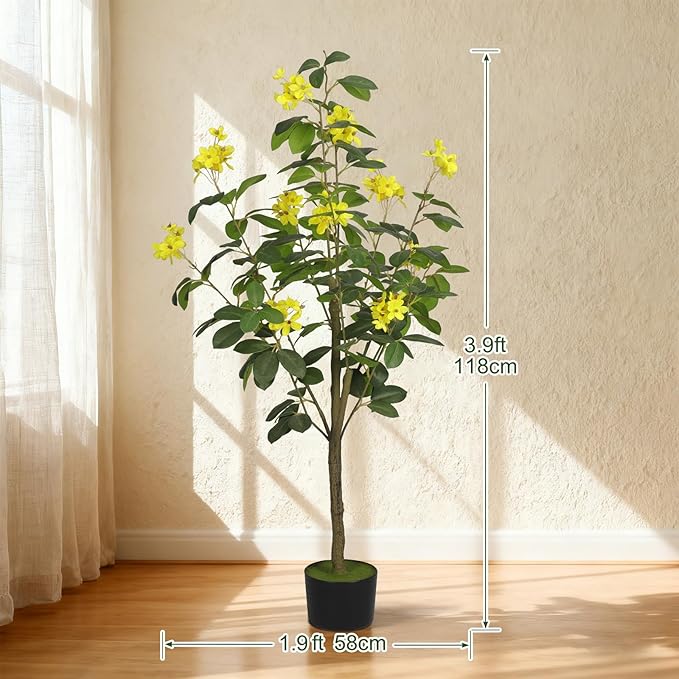 2-Pack 4FT Artificial Jasmine Tree,Realistic Potted Fake Plants with Flowers&Planter,Indoor/Outdoor Faux Flowering Trees for Home,Office,Porch,Wedding,and Housewarming Gift Decor