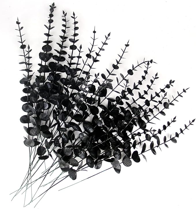 Tinsow Black Artificial Eucalyptus Stem Bulk Halloween Faux Eucalyptuses Wedding Bouquet Centerpiece Home Decor (65, Black)