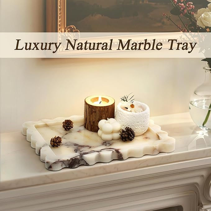 Real Natural Marble Tray, Luxury Scalloped Vanity Decorative Tray, Genuine Calacatta Gold Stone Tray for Bathroom Dresser, Home Decor, Kitchen Storage, Non-Resin/Ceramic, 10.6" x 8"