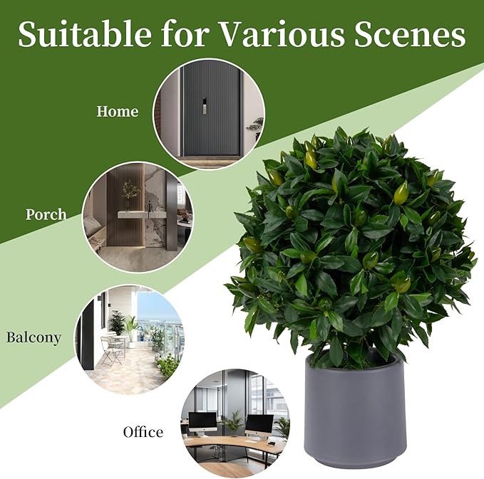 Artificial Topiary Ball Evergreen Set of 2 with Fruits, 23.6'' Boxwood Balls Shrubs with Pot, UV Resistant Outdoors Fake Plant for House Porch Decor, Faux Artificial Plants Bush Indoor & Outdoor