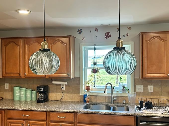 7.8in Vintage Pendant Light 2- Light Kitchen Sink Pendant Lights with Green Hand Blown Glass Small Hanging Lamp for Kitchen Island Dining Room Bedroom Bathroom Hallway E26