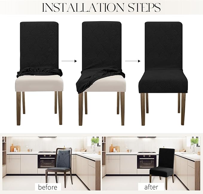 MOSAYT 100% Waterproof Dining Room Chair Covers Set of 6, Super Fit Stretch Jacquard Parson Chairs Slipcovers Removable Washable Chair Seat Protectors for Home, Kitchen, Banquet (Black)