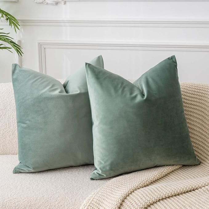 JUSPURBET Sage Velvet Throw Pillow Covers 18x18 inch Set of 2 for Living Room Couch Sofa Bedroom Decorative Square Solid Soft Cushion Cases with Invisible Zipper