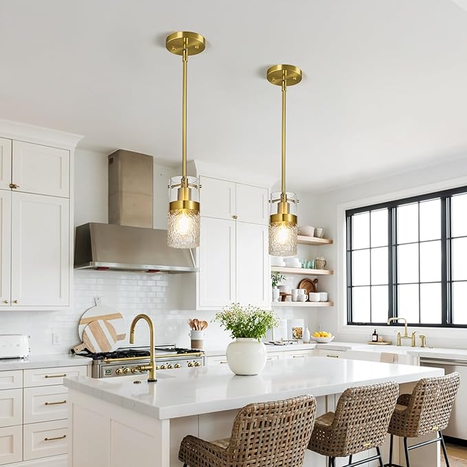 Modern Gold Pendant Light Adjustable Hanging Lighting Transparent Hammer Glass Chandelier for Kitchen Island Dining Room Bathroom Bedroom (3Pack)