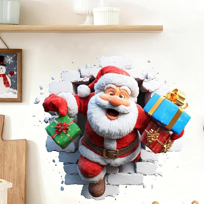 Christmas Creative Wall Sticker, 6 Pack 3D Santa Claus Christmas Wall Stickers, Funny Broken Wall Design Holiday Decals, Removable Peel & Stick Reusable for Door, Window & Refrigerator Decor (D, 1Pcs)