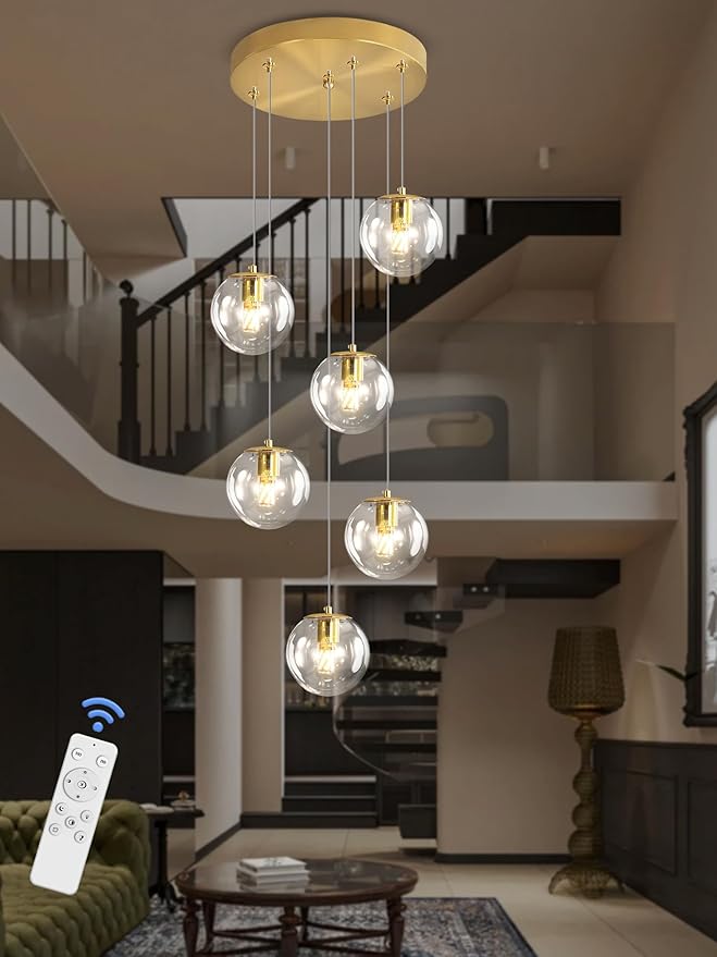 6-Light LED Staircase Modern Glass Globe Pendant Light Gold Chandeliers Large Chandeliers for High Ceilings, Entryway Lighting Fixture Villas and Stairs