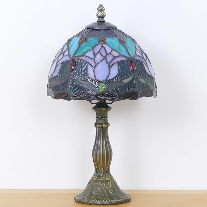 Small Tiffany Lamp Stained Glass Table Lamp Mini Accent Lamp Handmade Desk Memory Lamp Sympathy Bedside Night Light 8X14 Inch (Tulip Flower Style)