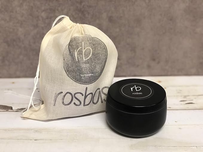 Rosbas Candle, Gardenia Scented, Natural Soy Wax, Black Metallic Tin, 6 oz, Cotton Wick, Long Burn Time, Drawstring Cotton Bag, Non-Toxic, Handmade in The USA