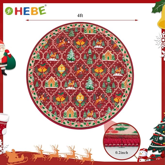 HEBE 4Ft Round Christmas Area Rug, Non Slip Farmhouse Round Rug for Living Room, Washable Soft Circle Rugs for Bedroom Christmas Round Floor Carpet for Dining Room Xmas Holiday Decor