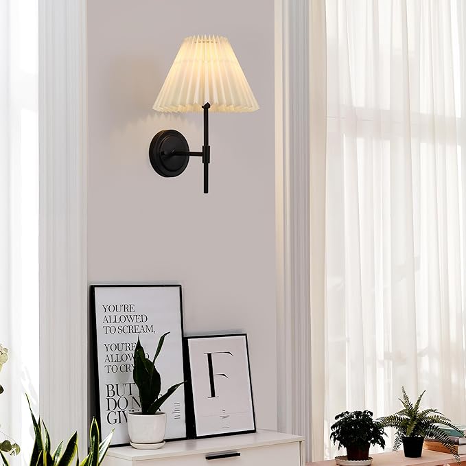 GLOBE Electric 1-Light Wall Sconce, Matte Black, White Pleated Fabric Shade, E12 Base Socket, Candelabra Bulb, Living Room Lighting, Home Essentials, Décor, Bedroom, Mounted Bedside Lamp