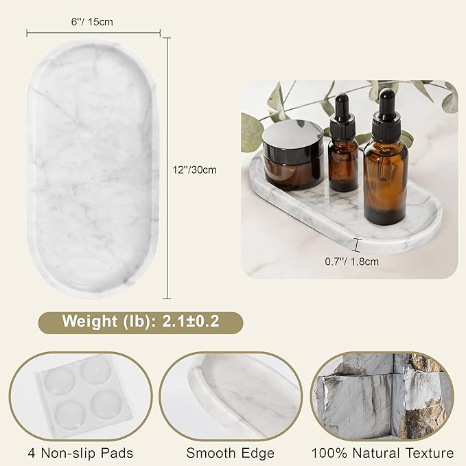 Natural Marble Tray for Vanity, 2" L x 6" W White and Gray Marble Tray with 4 Non-Slip Silicone Gaskets, Decorative Tray for Perfume, Jewelry, Coffee Table, Kitchen, Dresser Organizer
