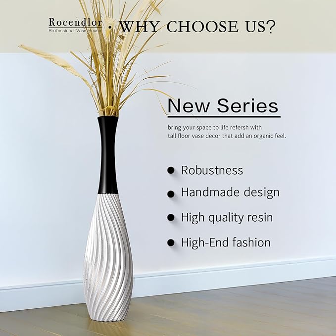 23.6" Silver Tall Vases - Black Neck Teardrop Tall Floor Vase with Textured Vertical Lines & Speckled Finish, Modern Decorative Floor Vase for Living Room, Office, Wedding Decor - Resin