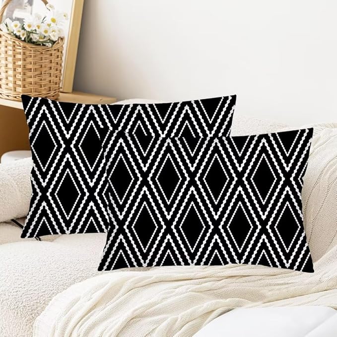 Black and White Throw Pillow Cover Queen Size Set of 2 Black Lumbar Pillow Case Boho Aztec Polyester Pillowcases Soft Standard Pillow Cases with Zipper Soft Decorative Cushion Covers for Bed,20"x30"