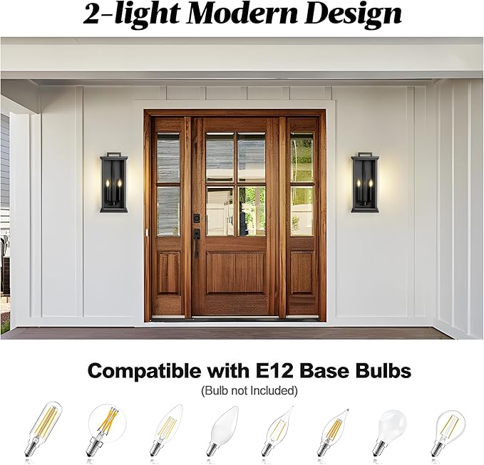 Extra Large Outdoor Wall Lights Modern Outdoor Garage Lighting Fixture,Exterior Porch Front Door Light,Waterproof Outside House Lights Wall Mount with 2 * E12 Sockets & Thick Glass Shades