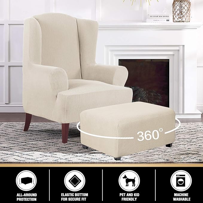 PrinceDeco Stretch Ottoman Cover Slipcovers Rectangle for Living Room Foot Stool Stretch Covers to Fit Ottoman Foot Rest, Checked Jacquard Fabric with Elastic Bottom (Large Size, Biscotti Beige)