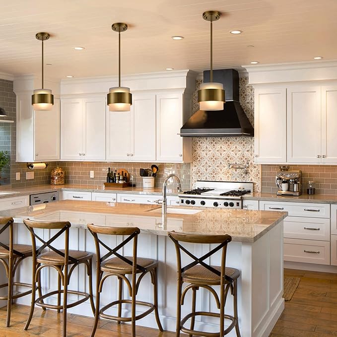 CLAXY Modern Gold Pendant Lights mini Pendant Light for Kitchen Island Dining Room Bar Restaurant with Frosted Glass Shade Rod Hanging Light Fixture
