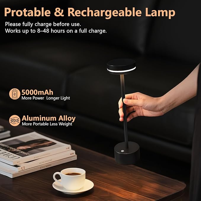 2 Pack Cordless Table Lamp Rechargeable, Touch Desk Lamp - 5000mAh Battery, 3 Color Dimmable Led Light, Small Portable Aluminum Light for Outdoor/Patio/Dining/Tabletop/Bar/Office, Home Decor