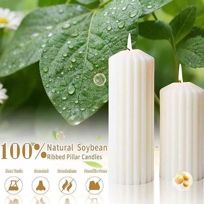 3 Pcs Scented Ribbed Pillar Candles,Natural Soybean White Pillar Candles,Modern Aesthetic Soy Wax Pillar Candle for Home Decor,2.8x4,6,8in Smokeless Non-Toxic Vanilla Cake Scented Candle for Gifts