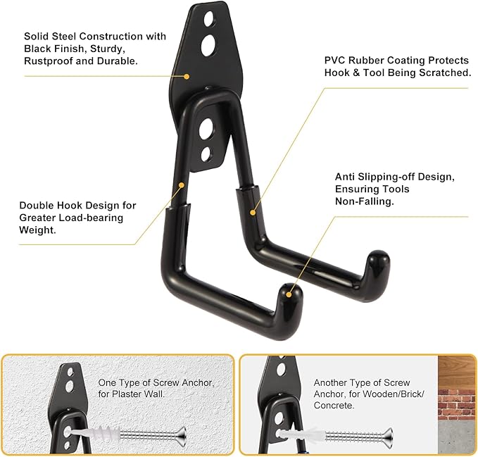 Garage Hook Heavy Duty Wall Storage Hangers, 20 Pack Garage Storage Hooks Steel Tool Black for Ladders, Ropes, Garden Tools