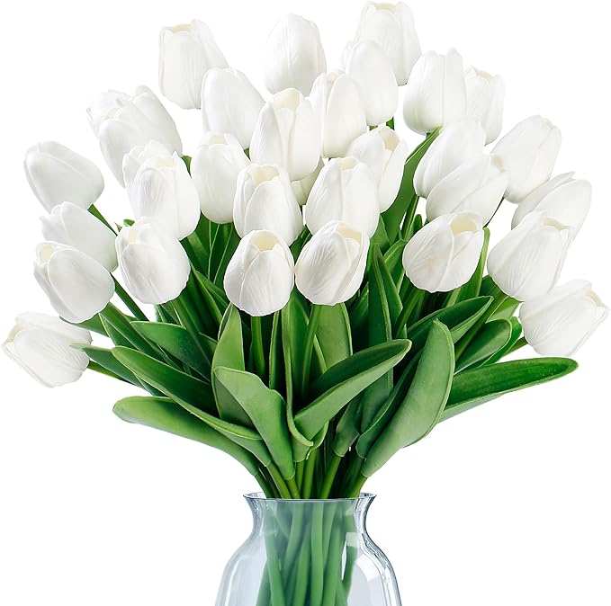 Sggvecsy 15 Pcs Fake Tulips Artificial Flowers Real Touch PU Faux Flowers Tulip Stems for Wedding Spring Bouquet Floral Arrangement Home Party Office Decorations for Mother's Day (White)