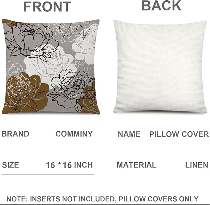 COMMINY Brown Grey Pillow Covers 16x16 Set of 6 Decorative Daisy Flower Throw Pillow Cover for Couch Modern Farmhouse Cushion Cover for Sofa Patio Bed Living Room Home Decor