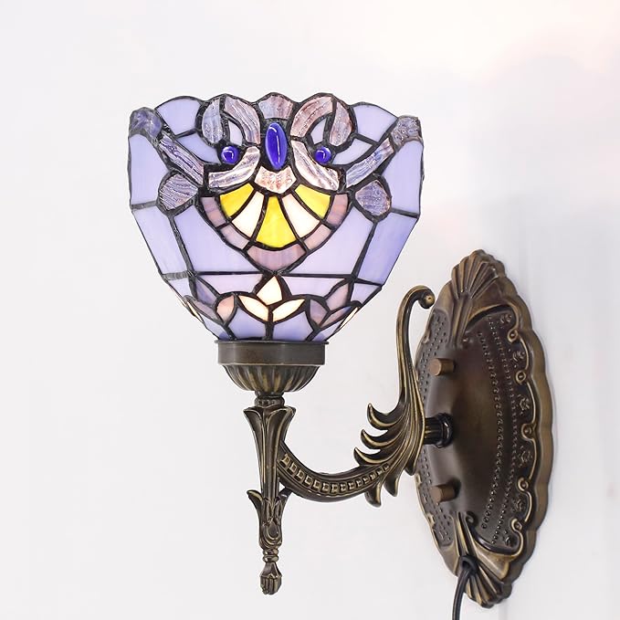 Tiffany Wall Sconce Lamp Plug in 6X8.5X11 Inch Stained Glass Wall Light Mount Fixture for Hallway Bedroom (Blue Baroque)