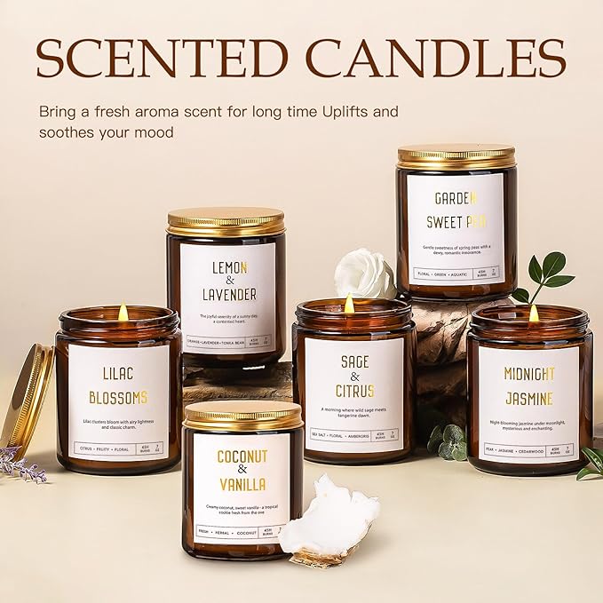 Candles for Home Scented - 6 Pack 42oz Soy Candles with Lavender, Coconut, Jasmine, Sage, Lilac Blossoms, Sweet Pea, 300 Hour Long Lasting Aromatherapy Candles Gift Set for Women, Christmas, Holiday