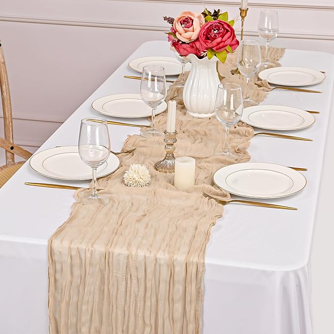 12 Pack Beige Cheesecloth Table Runner,10FT Gauze Boho Long Easter Cheesecloth Table Runners 20x120inch Rustic Cheese Cloth Table Runner for Wedding Party Bridal Shower,Table Decorations