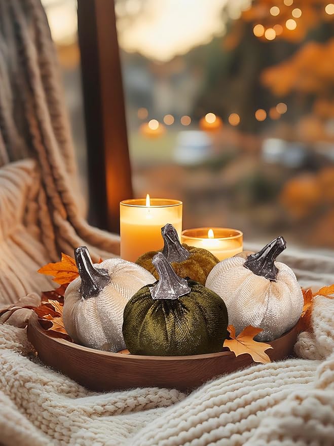 12pcs Fall Pumpkins Decor Set,Artificial Mini Pumpkins for Decorating, Velvet Mixed Fall Pumpkin Decor for Halloween Thanksgiving Harvest Table Centerpieces (Olive Green&Dark Green&Cream)