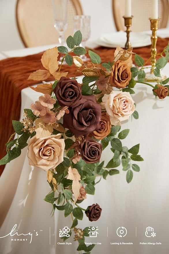 Ling's moment 2PCS Walnut Brown Artificial Flower Garland Spiea Floral Swags Wedding Arch Flowers Taupe Centerpieces for Sweetheart Head Table Easel Wall Entryway Board Backdrop Decoration