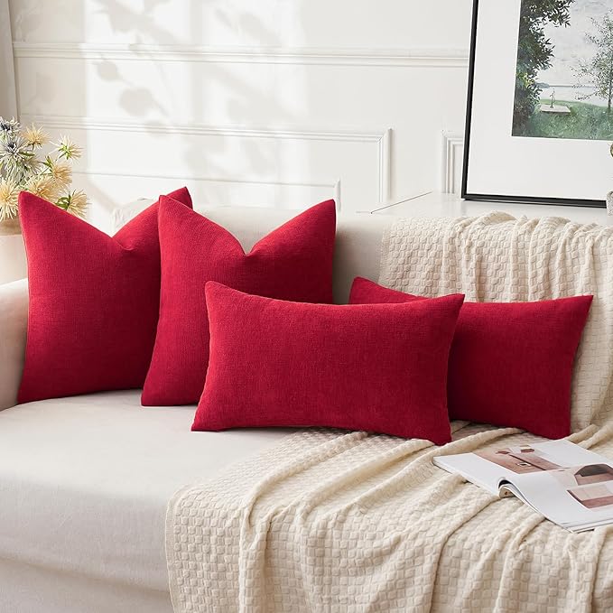 MIULEE Red Couch Pillow Covers 12x20 Inch, Set of 2 Soft Chenille Decorative Lumbar Throw Pillow Covers Christmas Farmhouse for Sofa Living Room Bed