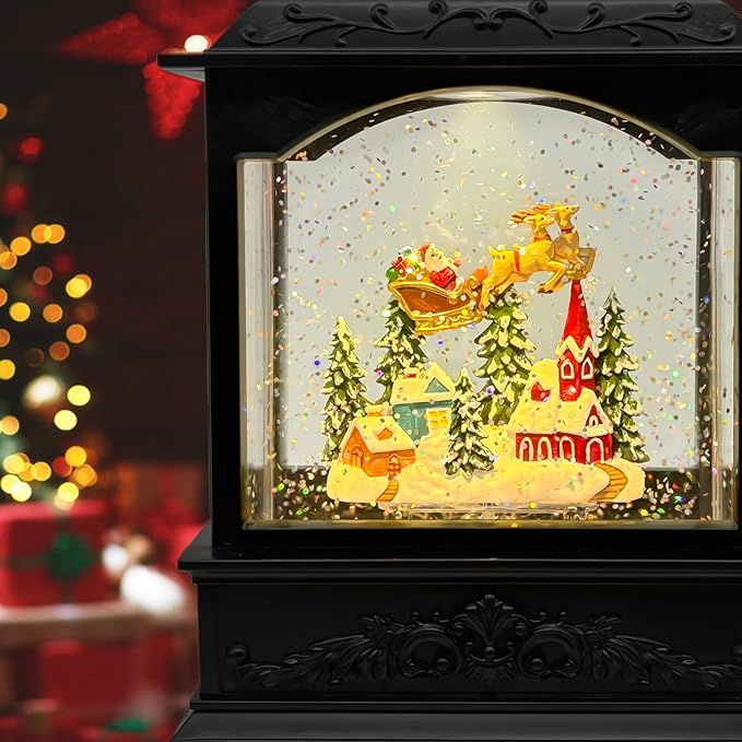Christmas Snow Globes Lantern with Music & Timer - USB/Battery Operated LED Glittering Globe Lantern, Snow Globe Decoration for Home Holiday Decor (Reindeer)