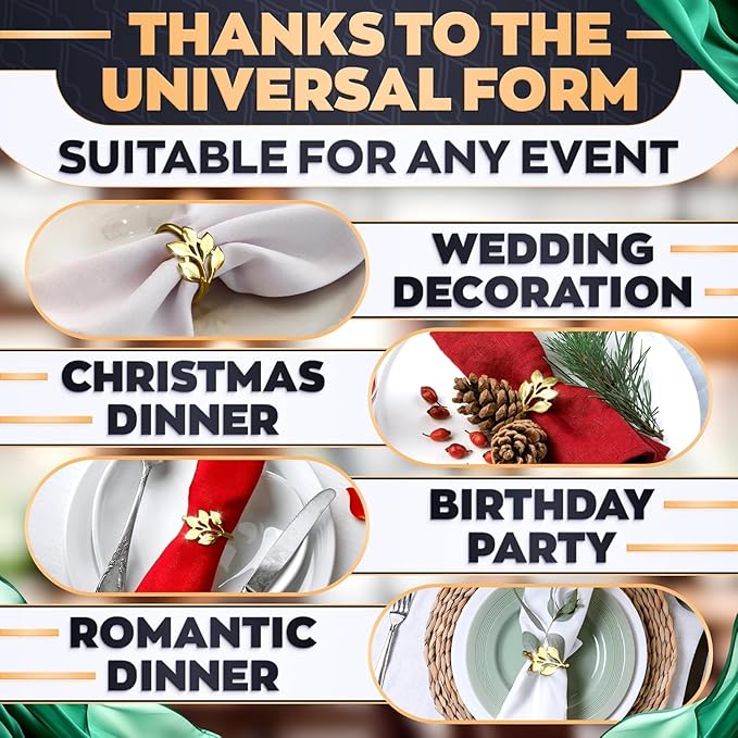 Gold Napkin Rings Set of 20 - Valentine Napkin Rings Fits Various Napkins Styles, Elegant Gold Leaf Design for Dinner Parties, Special Events, Holidays & Valentine Table Decor, as Gifts for Hosts