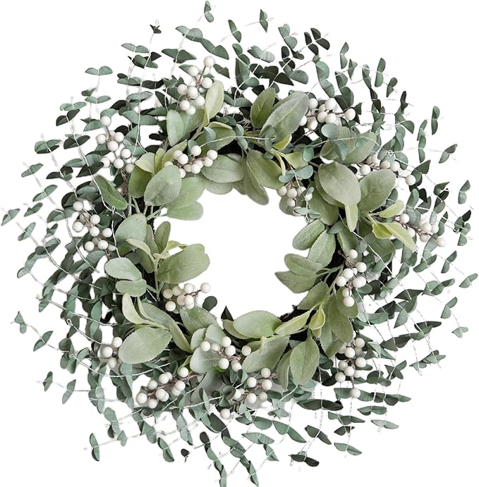 Bibelot Greenery Leaves Boxwood Wreath for Front Door, 22 Inch Green Wreath with White Berries & Lambs Ear, All Season Wreaths for Indoor Outdoor Home Decor