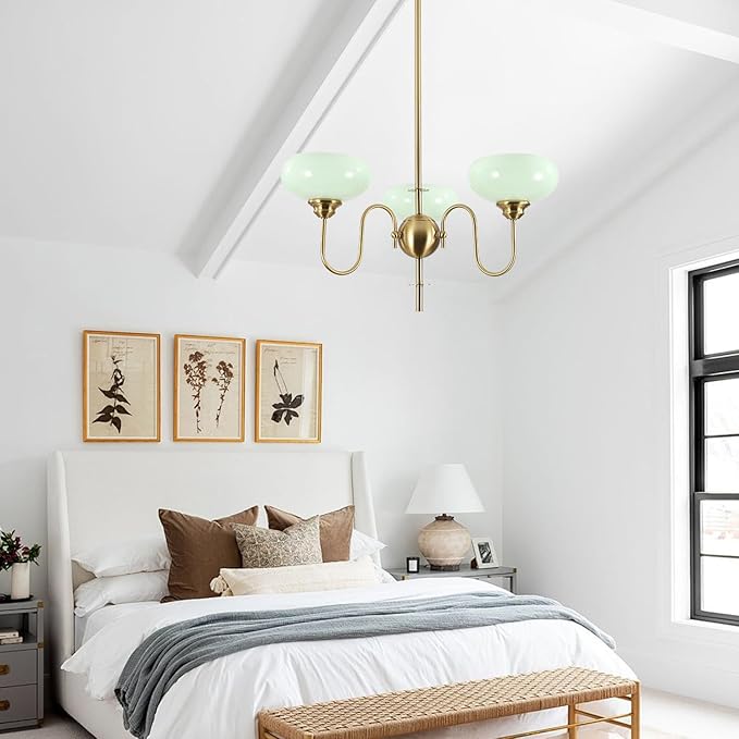 BOKT Green 3-Light Sputnik Chandelier Mid Century Modern Pendant Light Fixture with Glass Globe Lampshade Brass High Ceiling Chandelier Gold Pendant Ceiling Light for Living Room Island Farmhouse