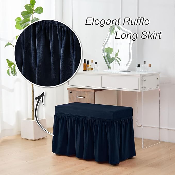 NICEEC Spandex Stretch Piano Bench Cover with Skirt Removable Ottoman Cover Rectangular Washable Stool Slipcover for Duet Piano Bench Seat Cushion Protector(NavyBlue)