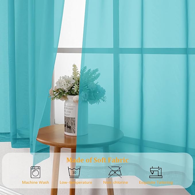 Gwine Turquoise Sheer Curtains for Living Room 45 inches Long, Short Voile Light Filtering Window Treatments Sheer Curtains for Bedroom, Half Window Drapes with Rod Pocket, Each 42" Wx45 L