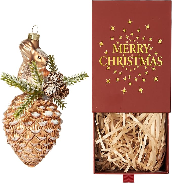 WDS WONDROUS Squirrel Pinecone Christmas Ornaments for Tree Decorations Whimsical Glass Animal Hanging Ornament, Festive Holiday Decor for Xmas Tree Home Party(2.76”)