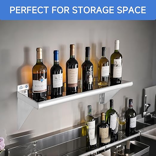 ROCKPOINT Stainless Steel Shelf 12 x 30 Inches 280lb, 2 Pack NSF Metal Commercial Shelves Wall Mount Floating Shelving with Backsplash for Restaurant, Kitchen, Home and Hotel, Silver