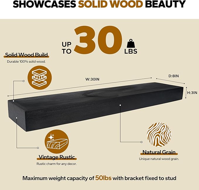 Floating Shelves 3 inch Thick for Wall Set of 2,Solid Pine Wood Wall Mount Shelf for Kitchen Living Room Bedroom Bathroom,8" D x 30" L x 3" H-Black