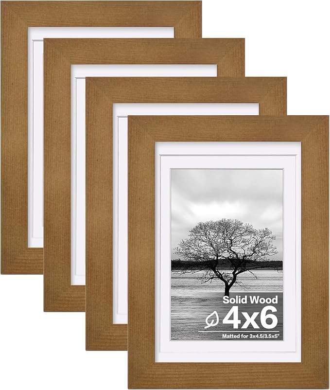 Egofine 4x6 Frames Set of 4, Made of Solid Wood Covered by Plexiglass 3x4.5 and 3.5x5 with Mat or 4x6 without Mat, for Table Top Display and Wall Mounting Photo Frame, Light Brown