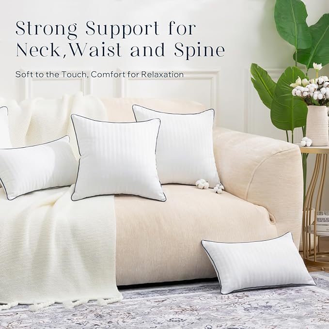 Phantoscope 12x20 Pillow Inserts, Decorative Throw Pillow Inserts with 100% Cotton Striped Cover, Virgin Fiber Pillow Sham Stuffer, Lumbar Square Couch Cushion Pillows, Pack of 2, 12x20 Inch
